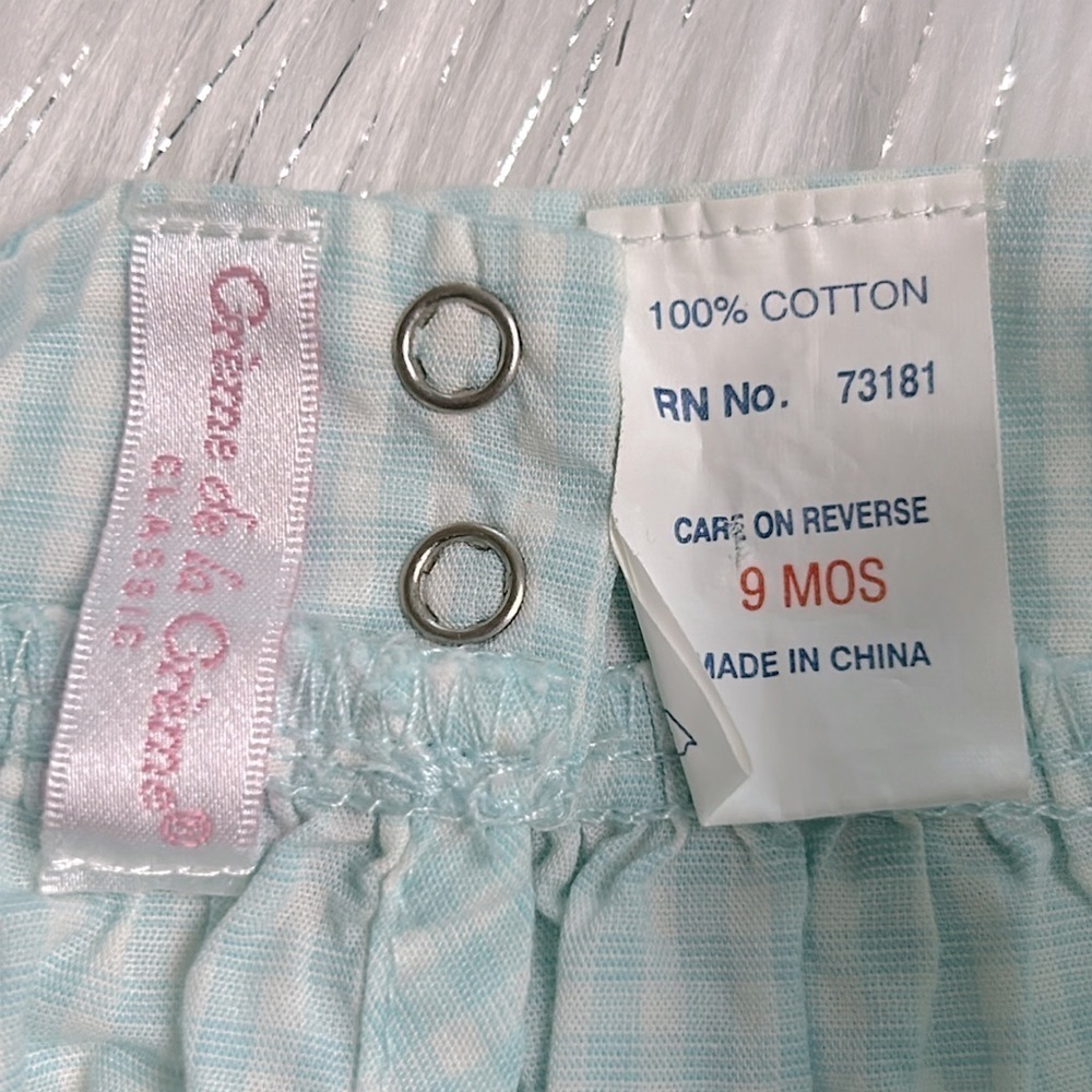 Creme de la Creme 9 months Classic Blue Gingham Onesie with Matching Head Scarf - Picture 7 of 13
